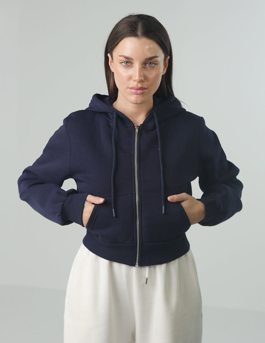 Cropped Cotton Hoodie with Zipper and Pockets