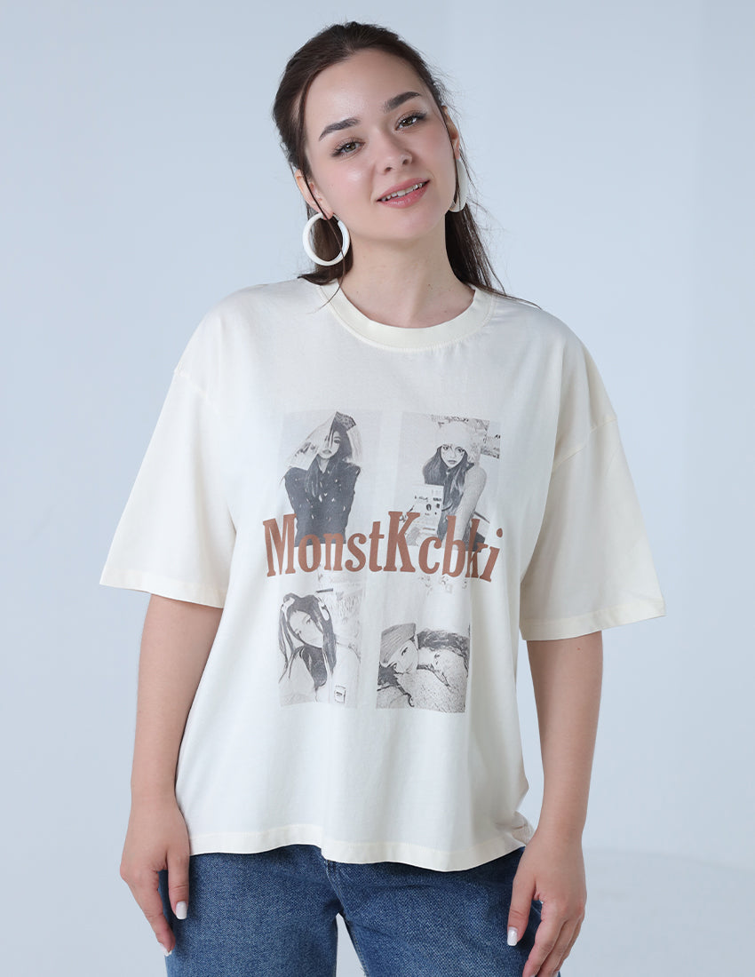 T-shirt with four pictures of girls and writing in the middle.