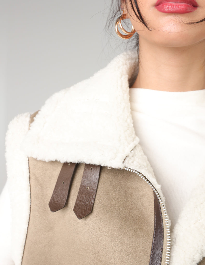 Wool-Lined Vest with Waist Belt and Zipper