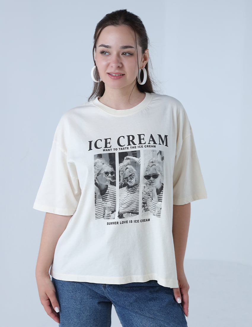 T-shirt printed with three pictures of girls with the word 'ICE CREAM'