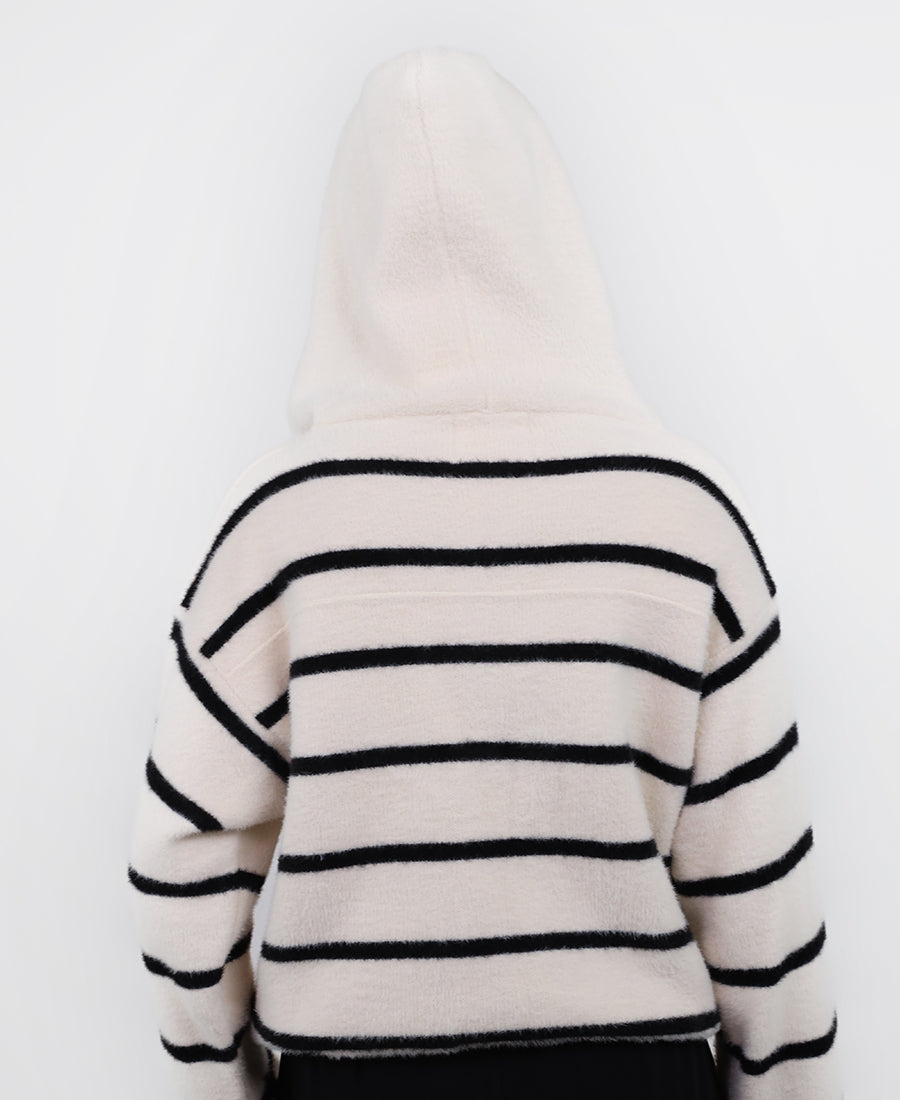 Off-white wool jacket with black stripes and a hood
