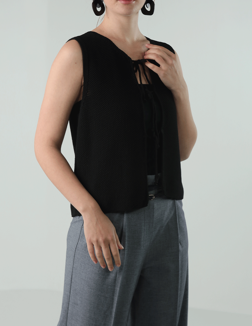 Tricot Tank Top with Triple Front Ties and Crew Neckline
