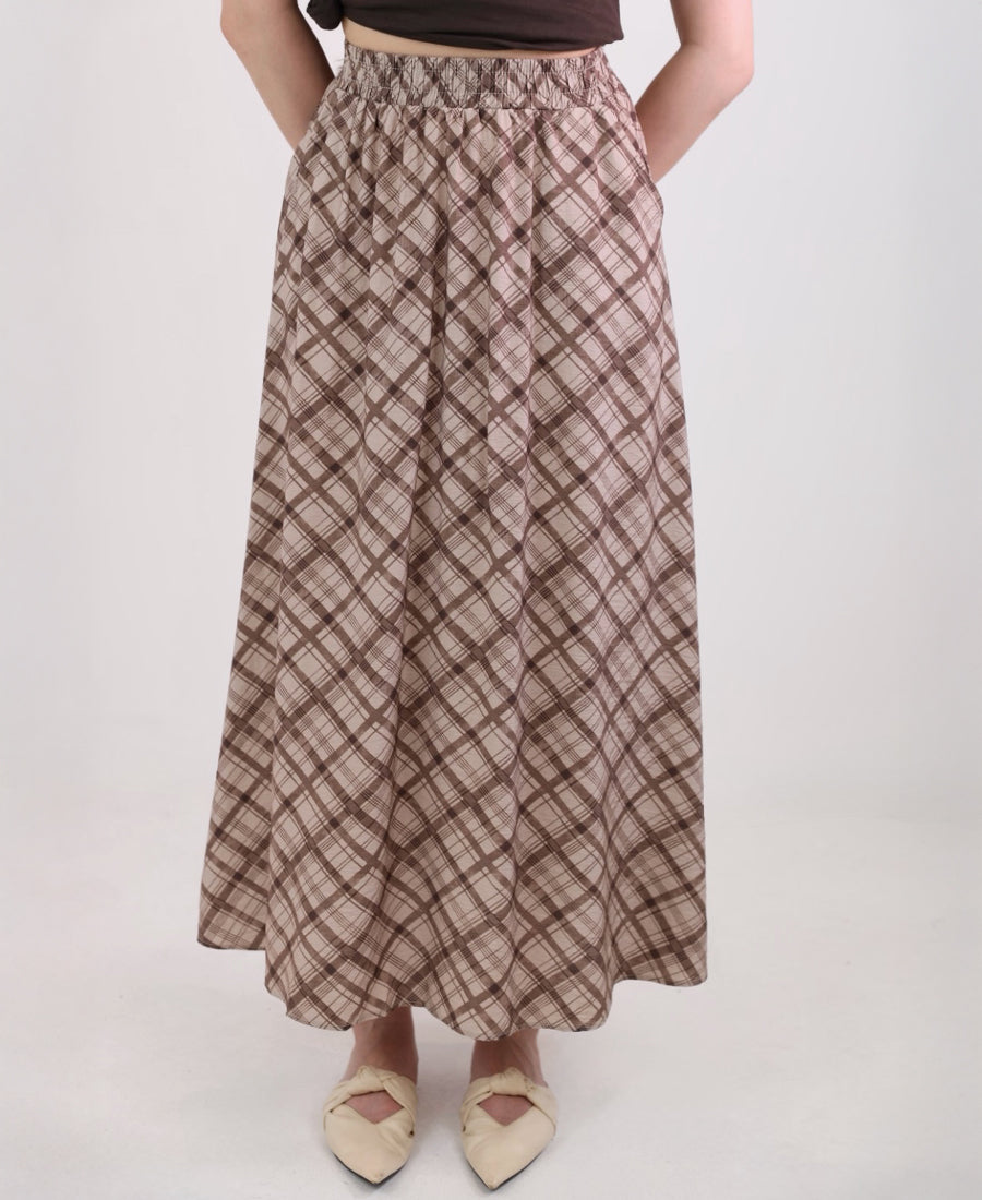 Long brown-beige check skirt
