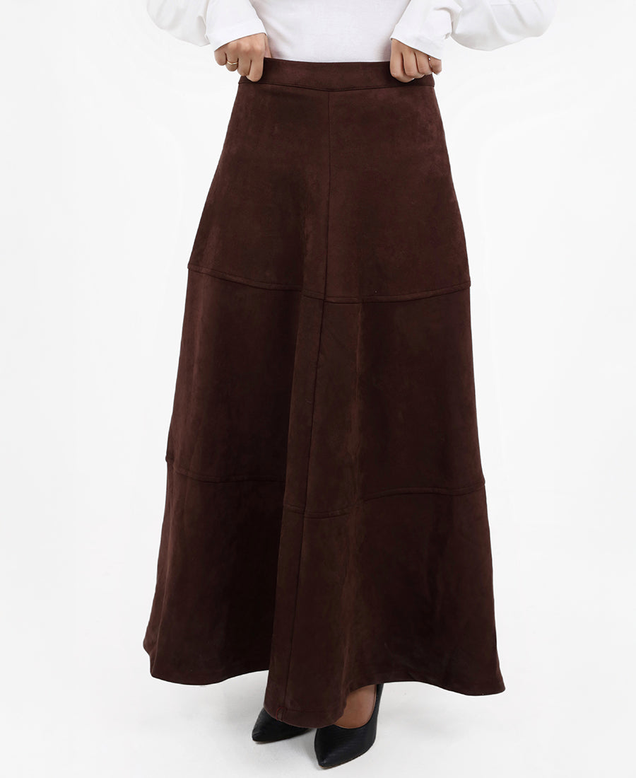 Wide brown suede skirt