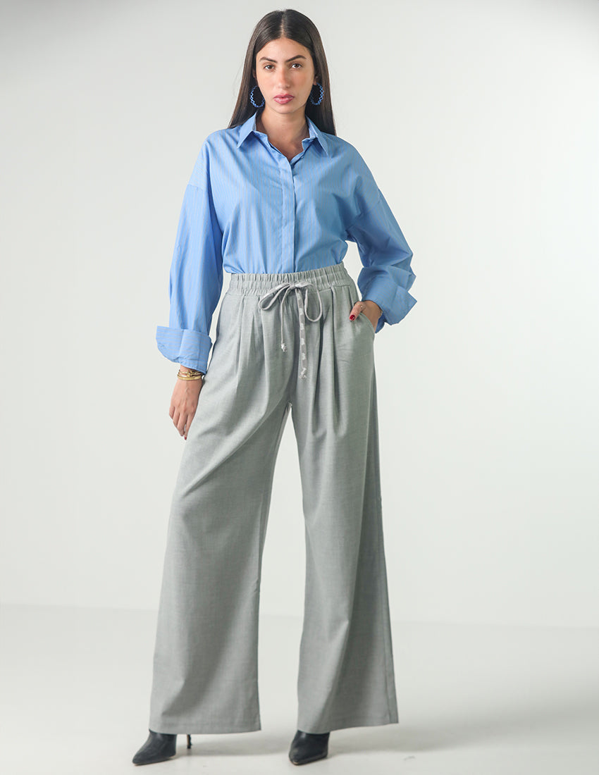 بنطلون قماشي واسع الساق مع حبال للخصر
