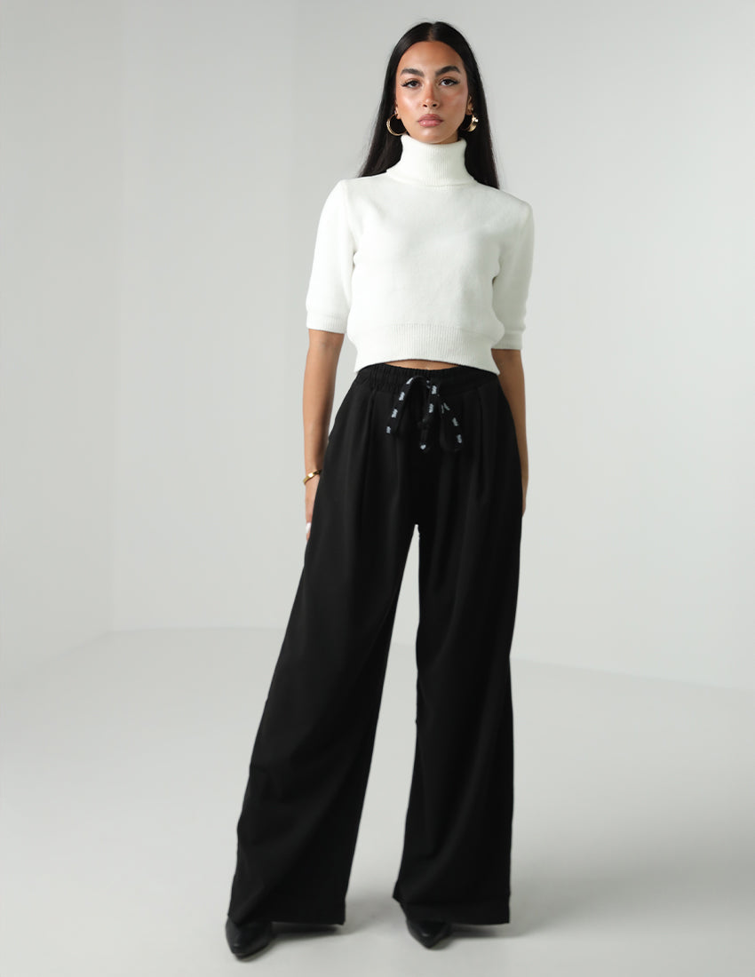 بنطلون قماشي واسع الساق مع حبال للخصر