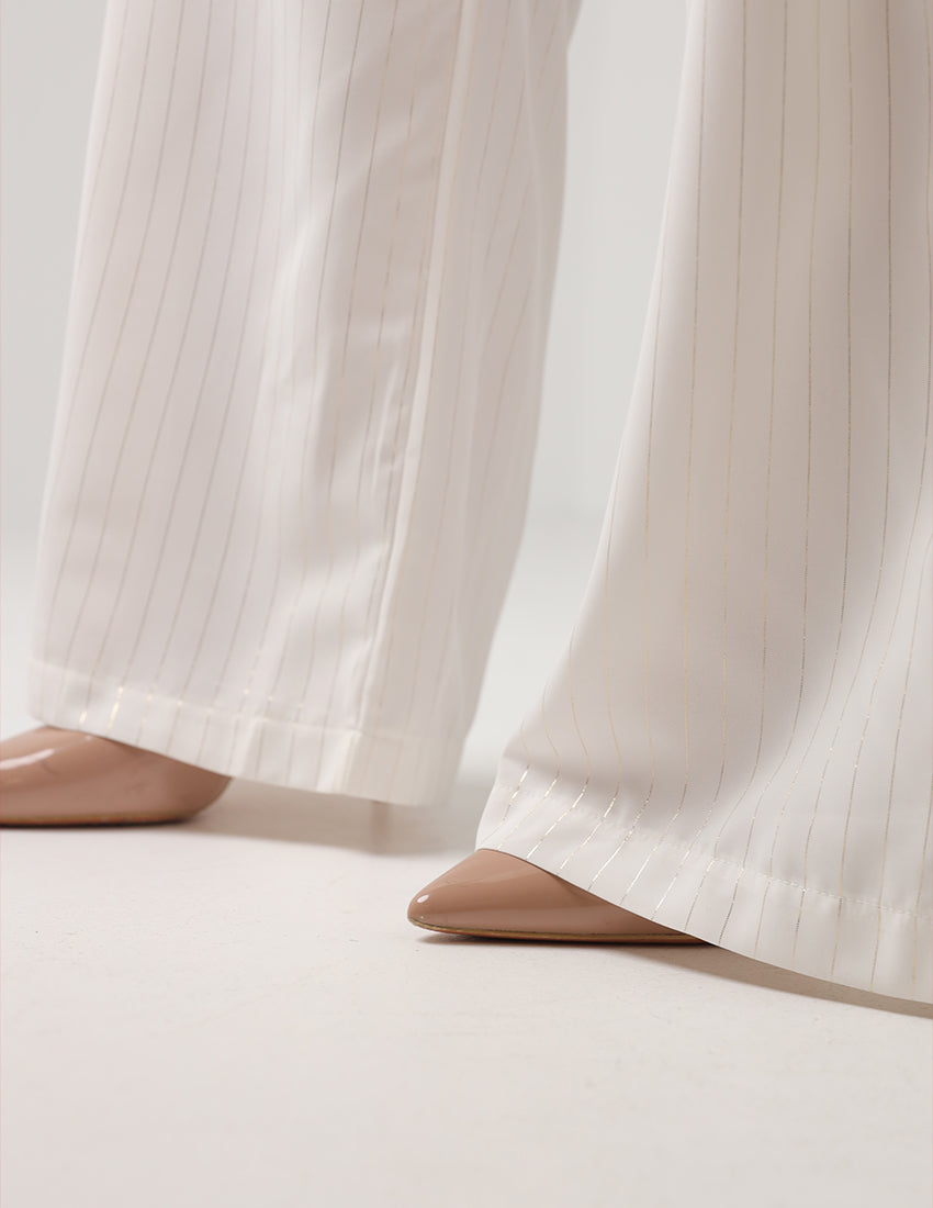 White and gold striped shirt and pants set