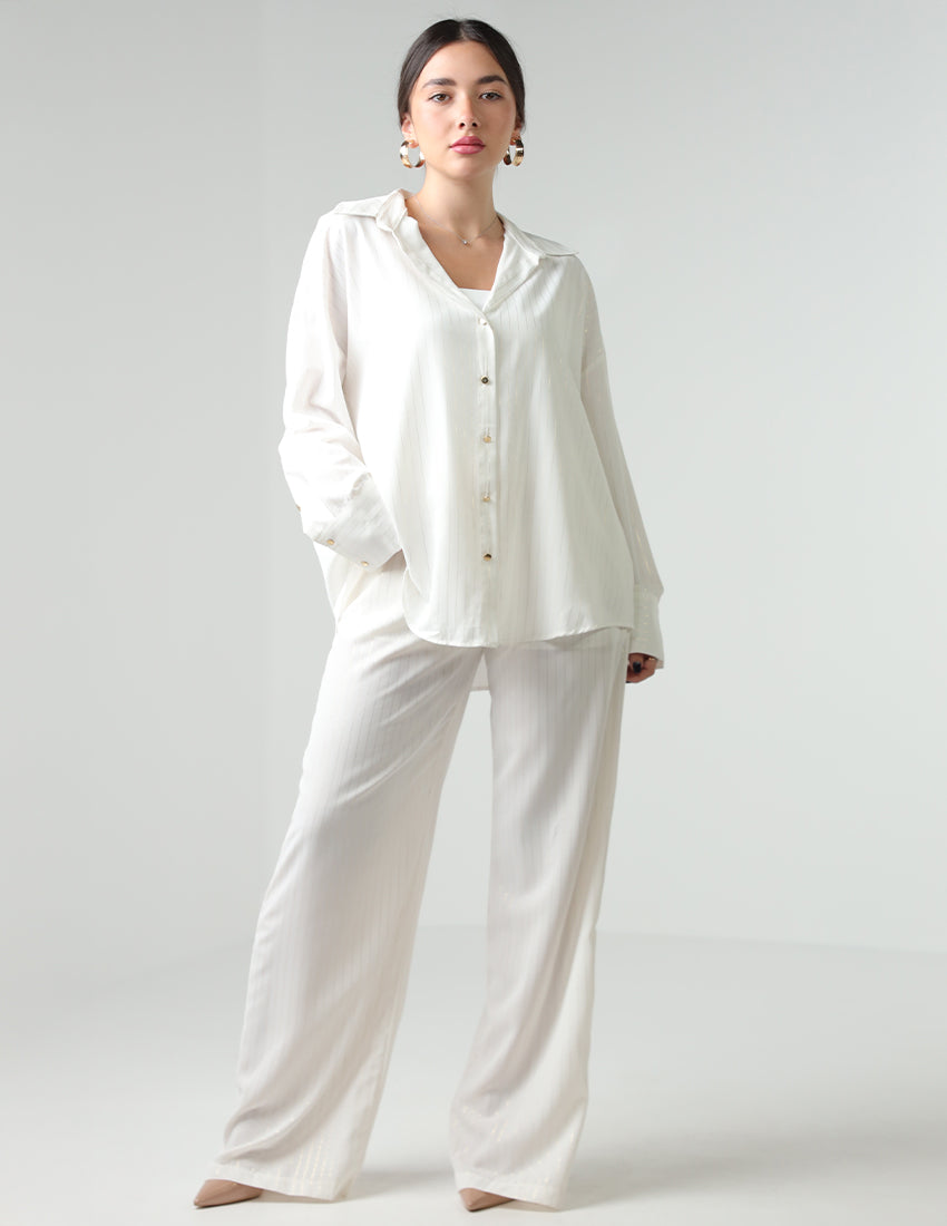 White and gold striped shirt and pants set