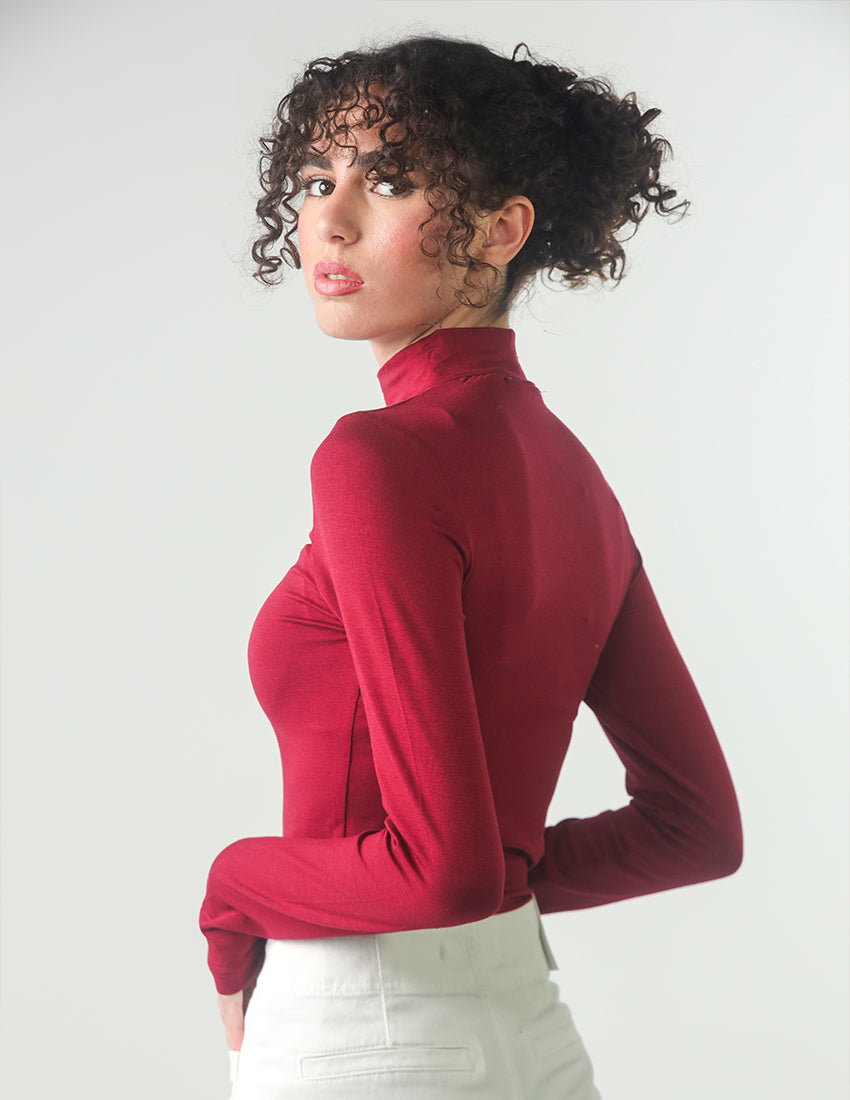 High-Neck Long-Sleeve Cotton Blouse