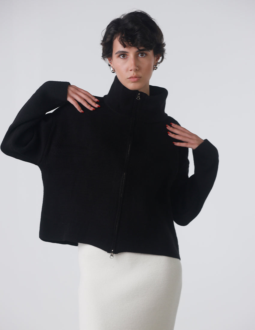 Black high-collar wool jacket