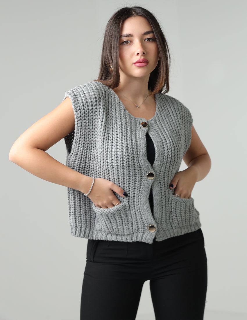 Short-Sleeve Wool Vest with Buttons and Pockets