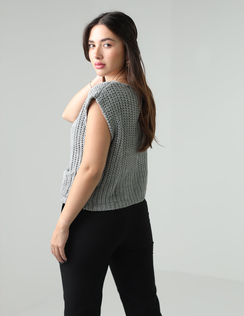 Short-Sleeve Wool Vest with Buttons and Pockets