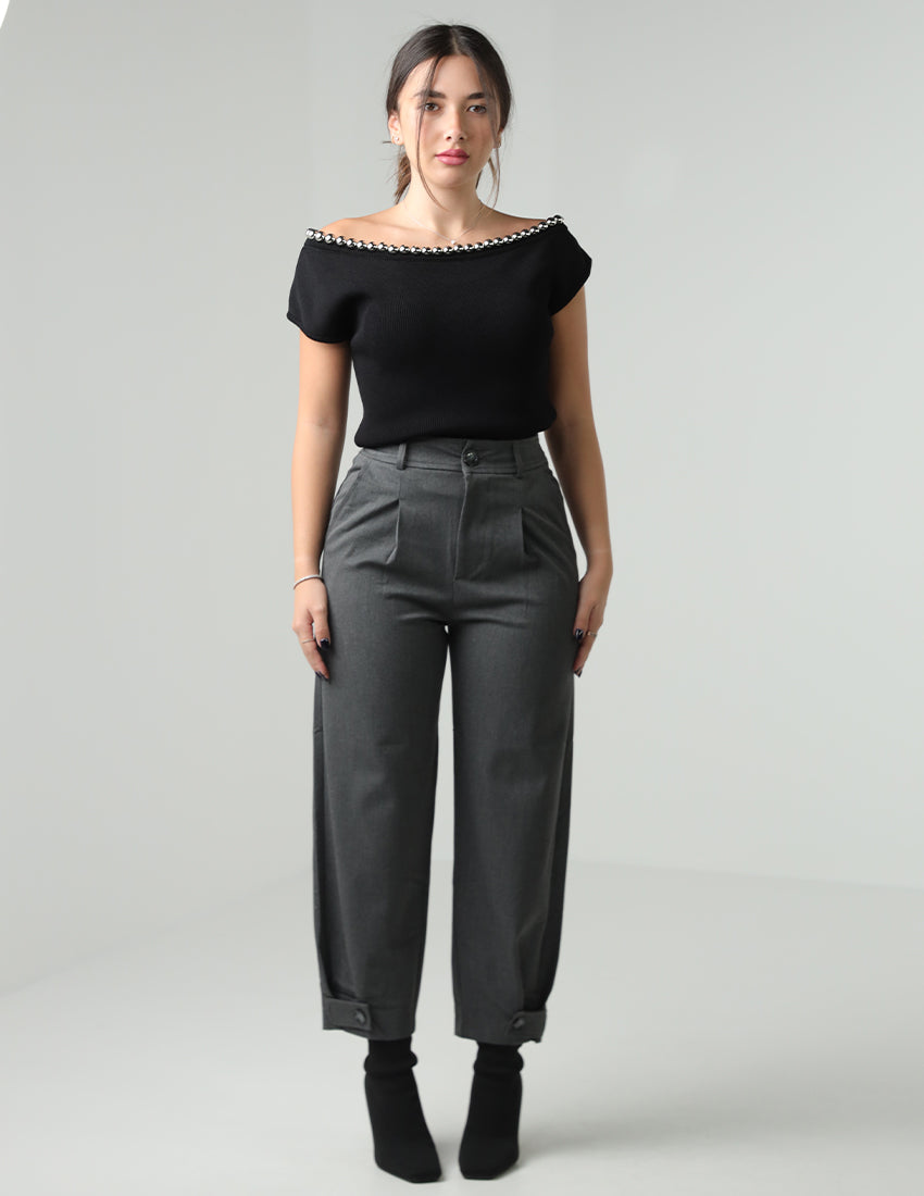 Baggy Buttoned-Leg Fabric Pants