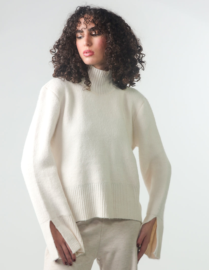 Tricot High-Neck Blouse with Slitted Sleeves