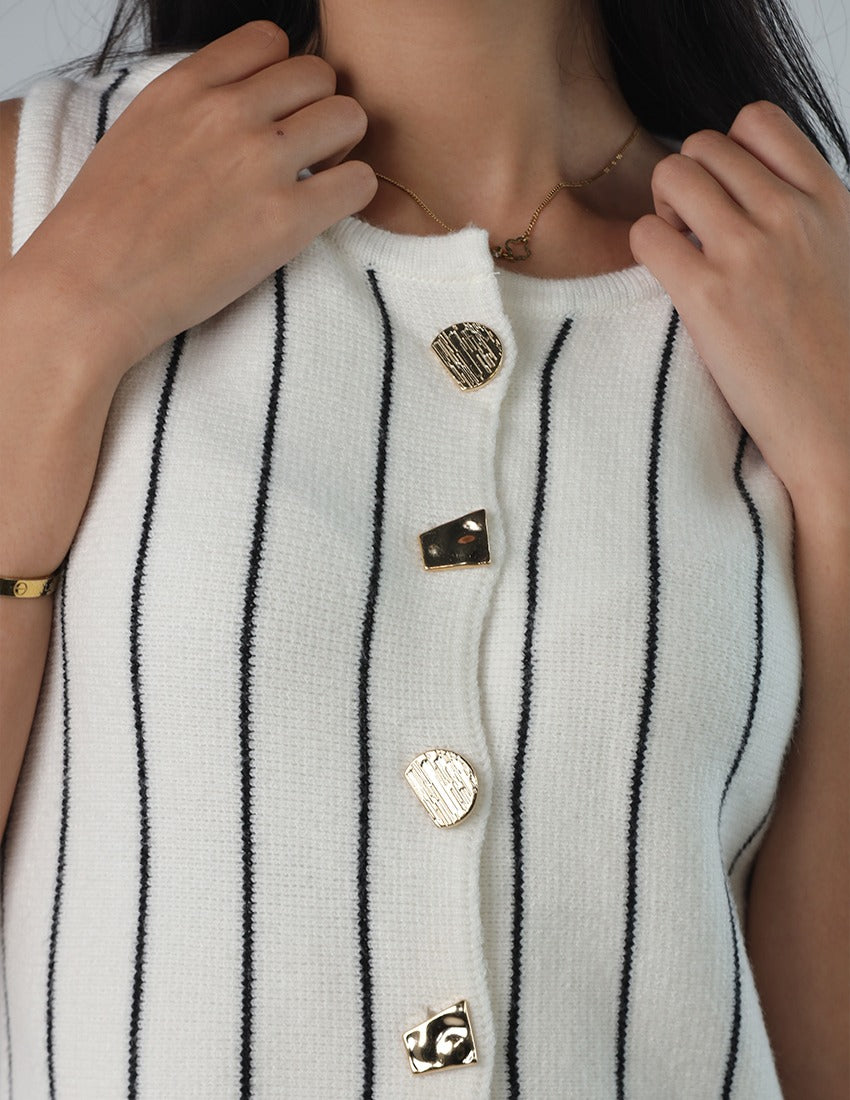 Tricot Striped Sleeveless Top with Gold Buttons