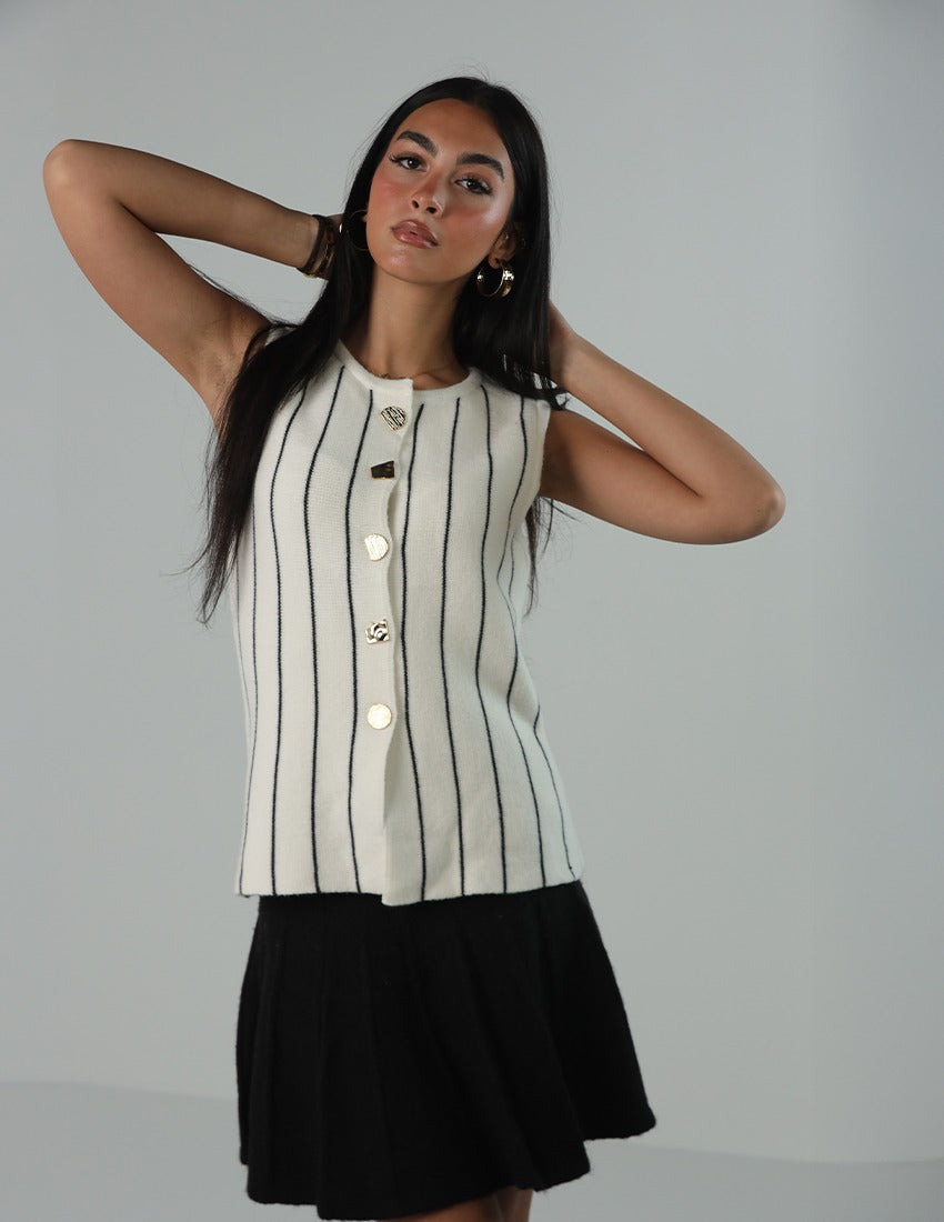 Tricot Striped Sleeveless Top with Gold Buttons