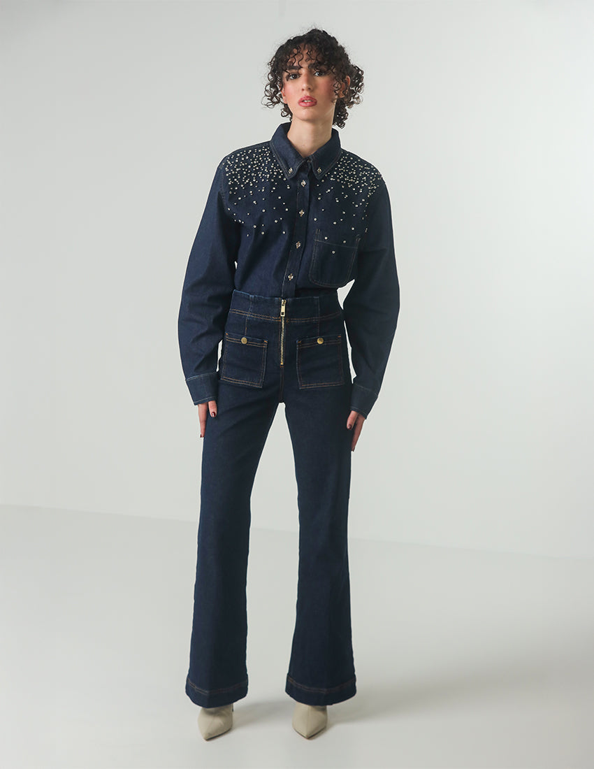 Flare-Leg Jeans with Zipper and Buttoned Pockets