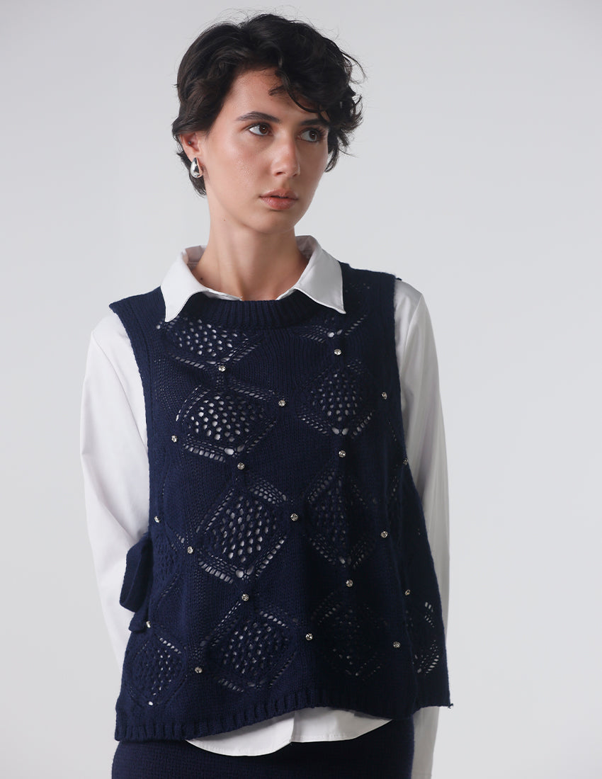 Knit Mesh Vest with Side Ropes and Studs
