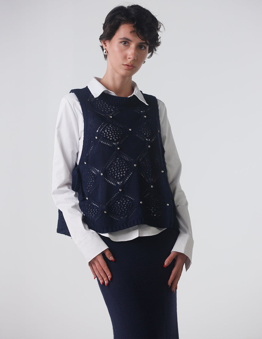 Knit Mesh Vest with Side Ropes and Studs