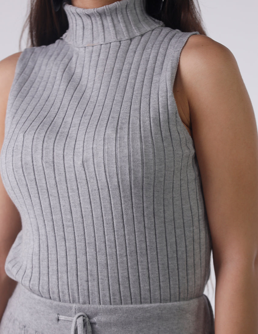 Sleeveless High-Neck Top, Long Cardigan, and Pants Striped Knit Set