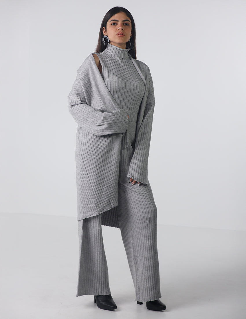Sleeveless High-Neck Top, Long Cardigan, and Pants Striped Knit Set