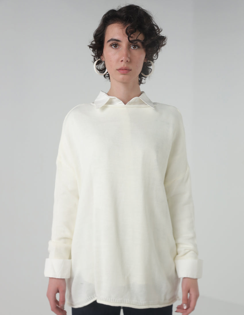 Oversized Perforated Tricot Blouse with Boat Neck