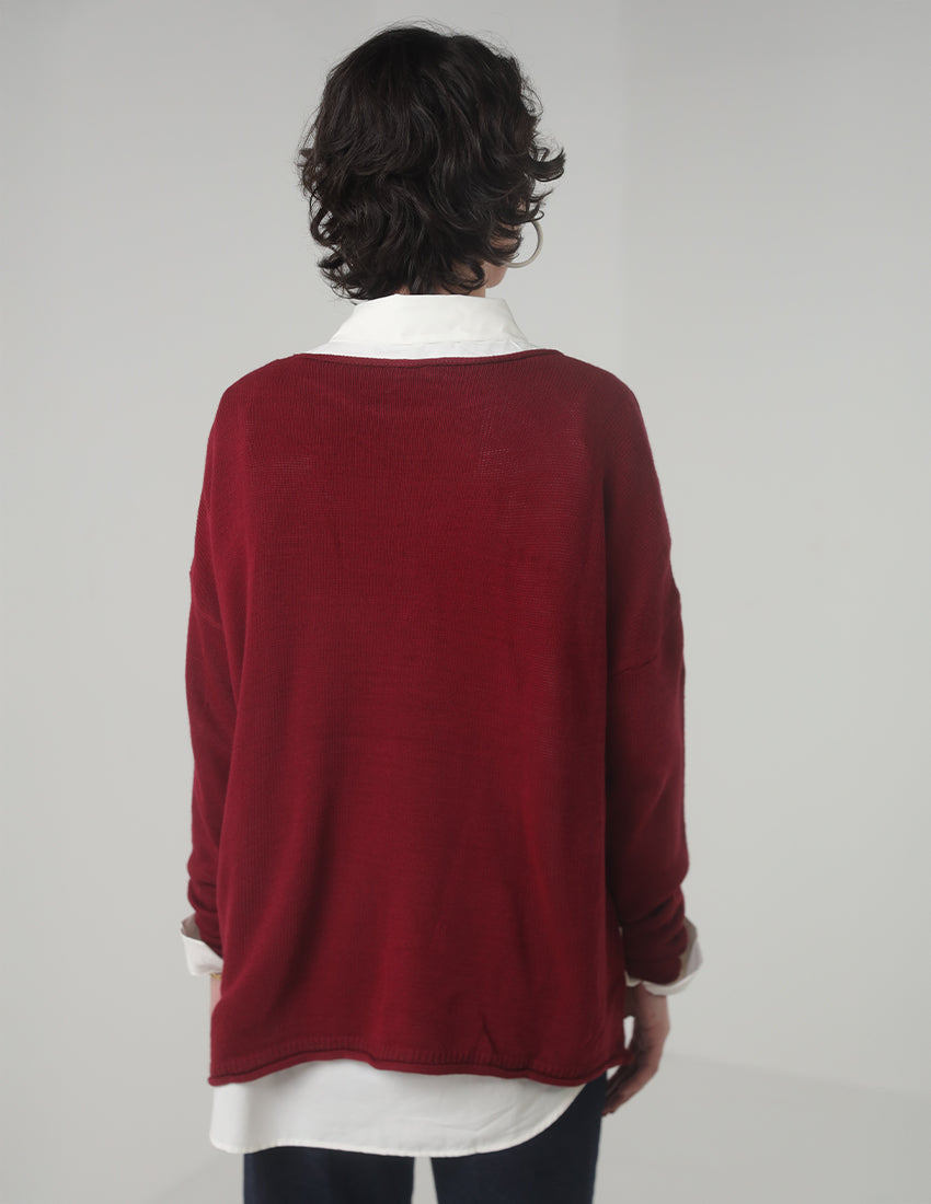 Oversized Perforated Tricot Blouse with Boat Neck