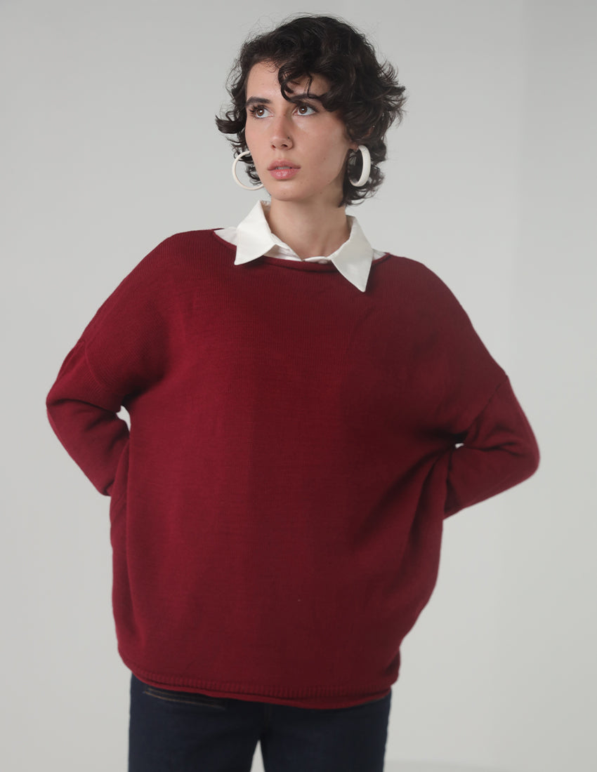 Oversized Perforated Tricot Blouse with Boat Neck