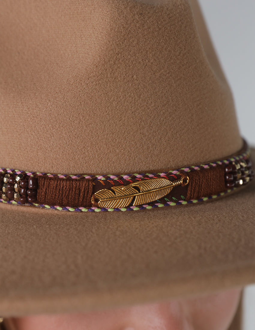 Sandy Brown Cowboy Hat with Gold Feather & Fabric Tie