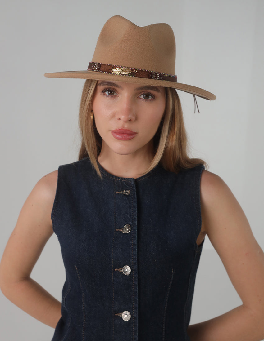 Sandy Brown Cowboy Hat with Gold Feather & Fabric Tie