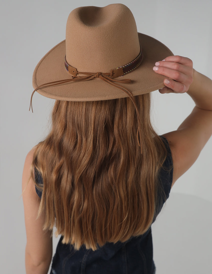 Sandy Brown Cowboy Hat with Gold Feather & Fabric Tie