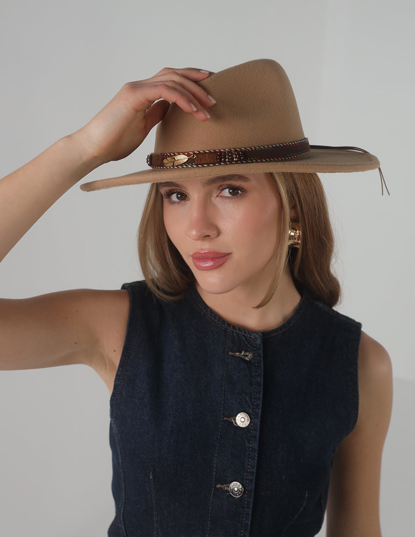Sandy Brown Cowboy Hat with Gold Feather & Fabric Tie
