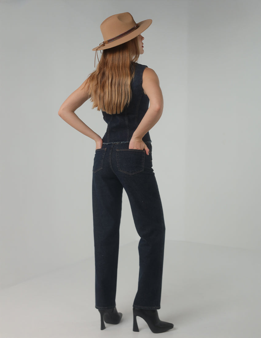 طقم جينز من قطعتين - سترة وبنطلون بخصر عالٍ