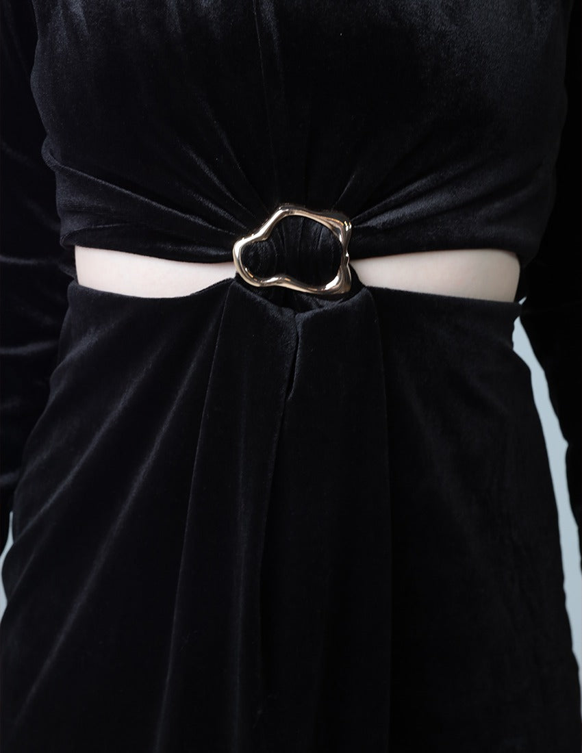 Black Velvet Dress with Gold Ring Detail