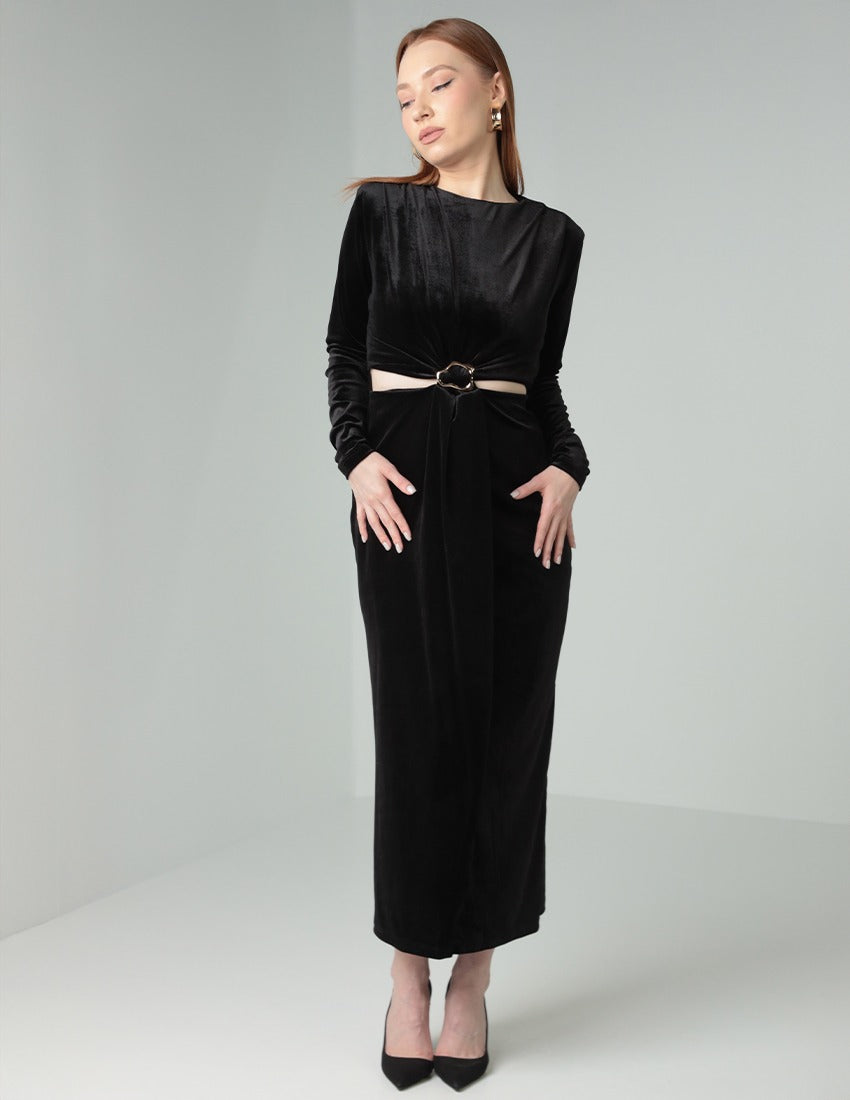 Black Velvet Dress with Gold Ring Detail