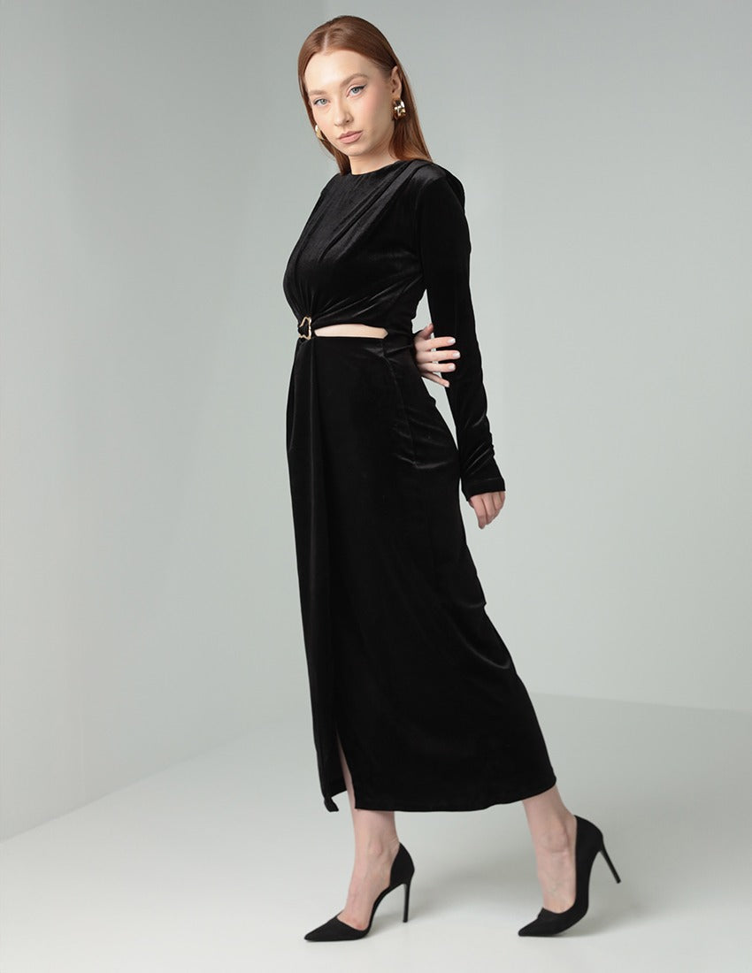 Black Velvet Dress with Gold Ring Detail