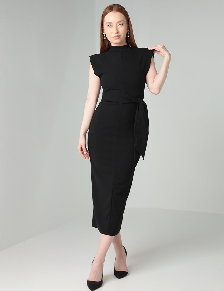Long Black Dress with Tied Waist Detail