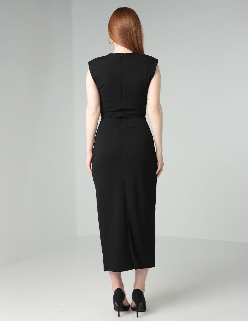 Sleeveless Long Black Dress with Gold Waist Detail