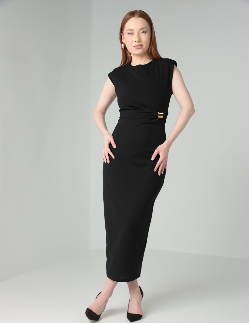 Sleeveless Long Black Dress with Gold Waist Detail