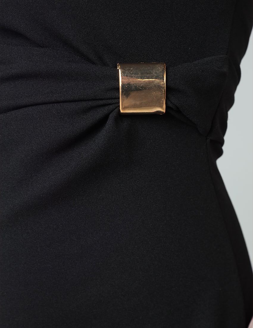 Sleeveless Long Black Dress with Gold Waist Detail