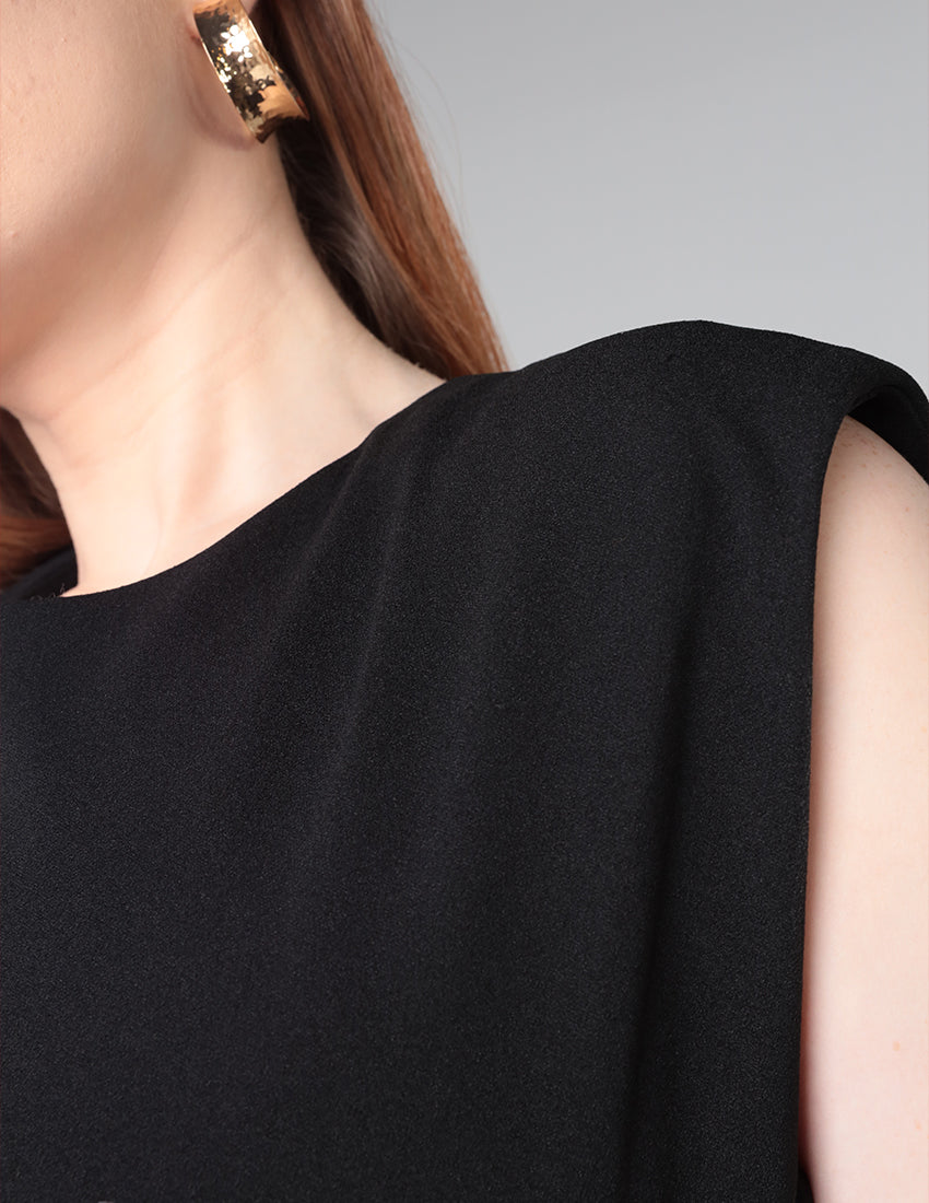 Sleeveless Long Black Dress with Gold Waist Detail