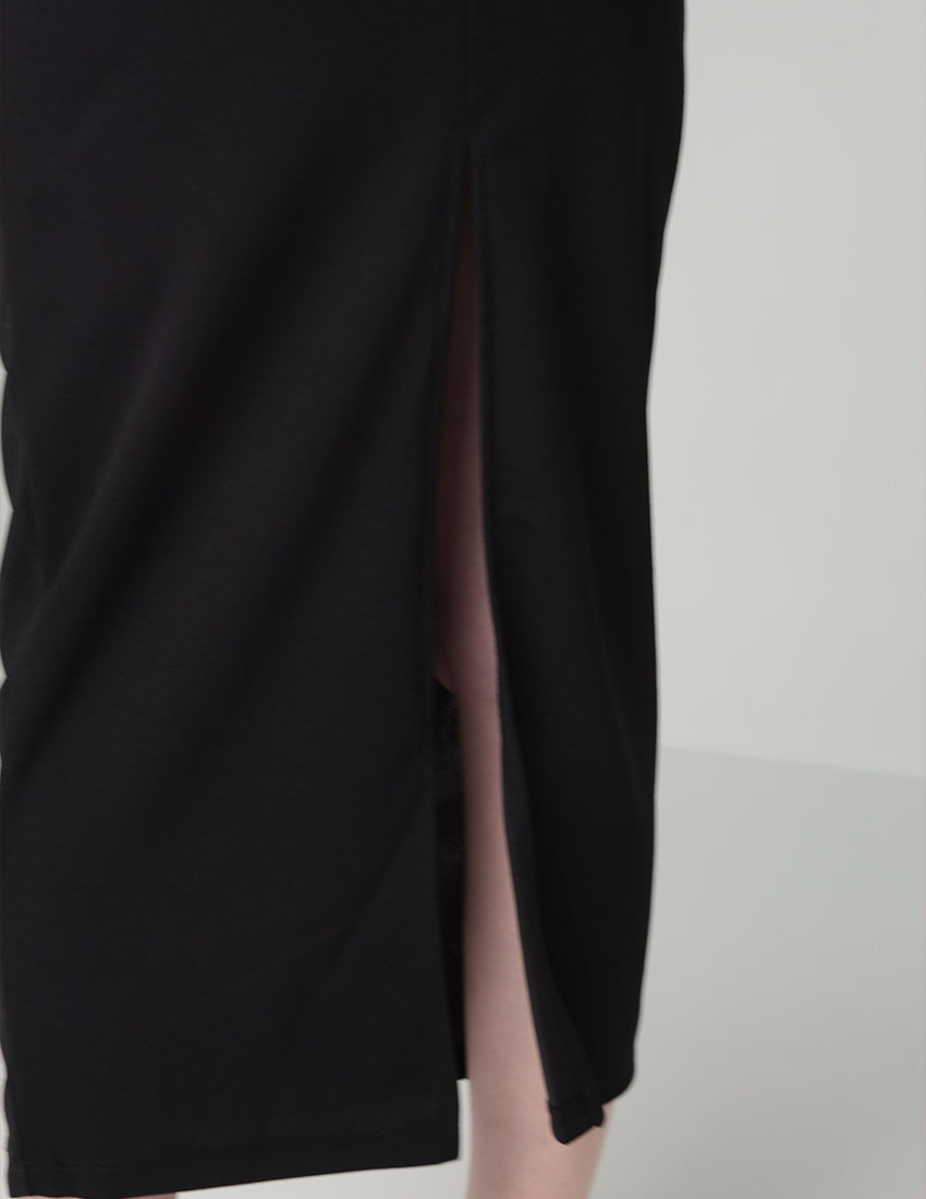 Sleeveless Long Black Dress with Gold Waist Detail