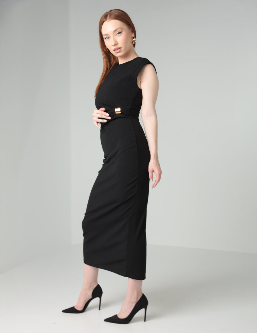 Sleeveless Long Black Dress with Gold Waist Detail