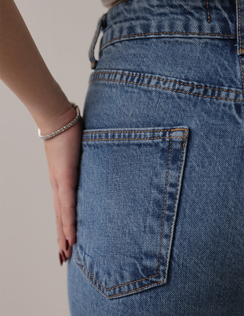 بنطال جينز واسع الساق بخصر عالٍ - أزرق