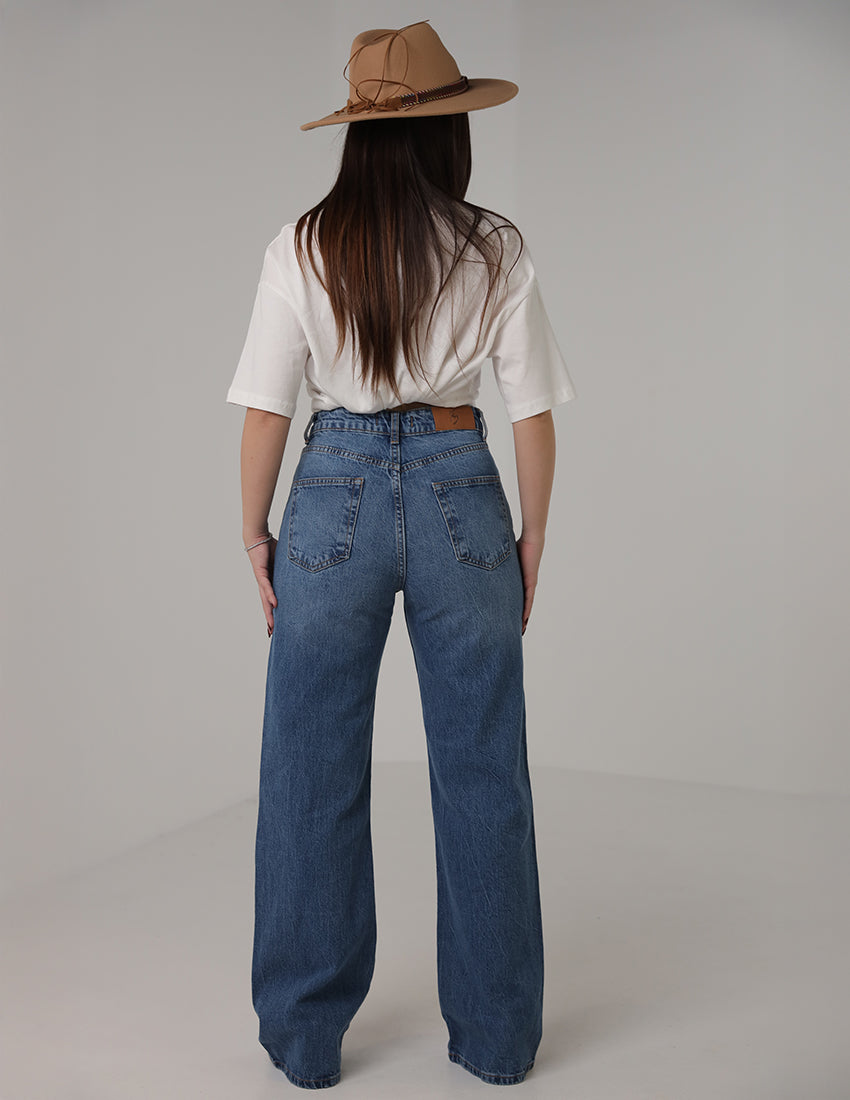 بنطال جينز واسع الساق بخصر عالٍ - أزرق