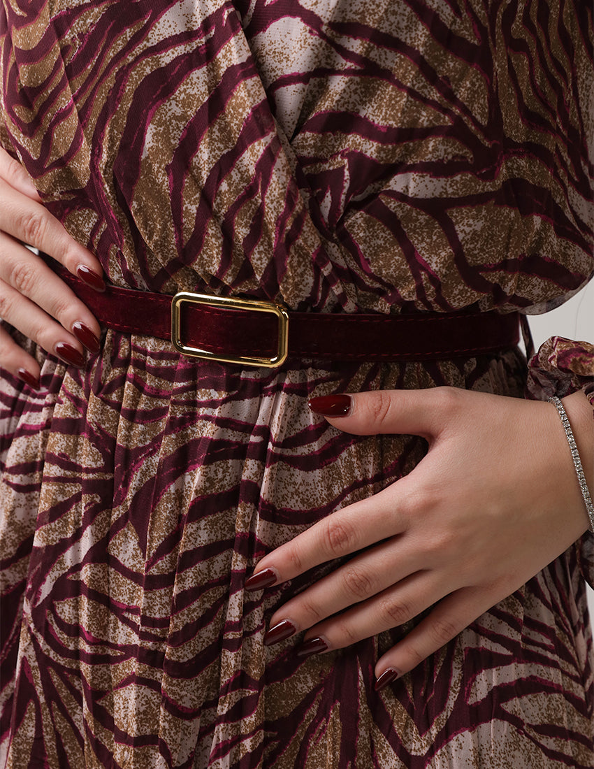Printed Chiffon Maxi Dress with Burgundy Belt