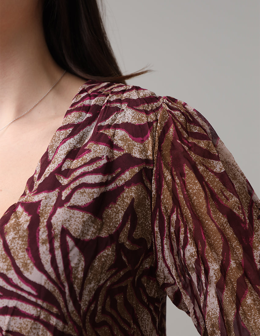 Printed Chiffon Maxi Dress with Burgundy Belt