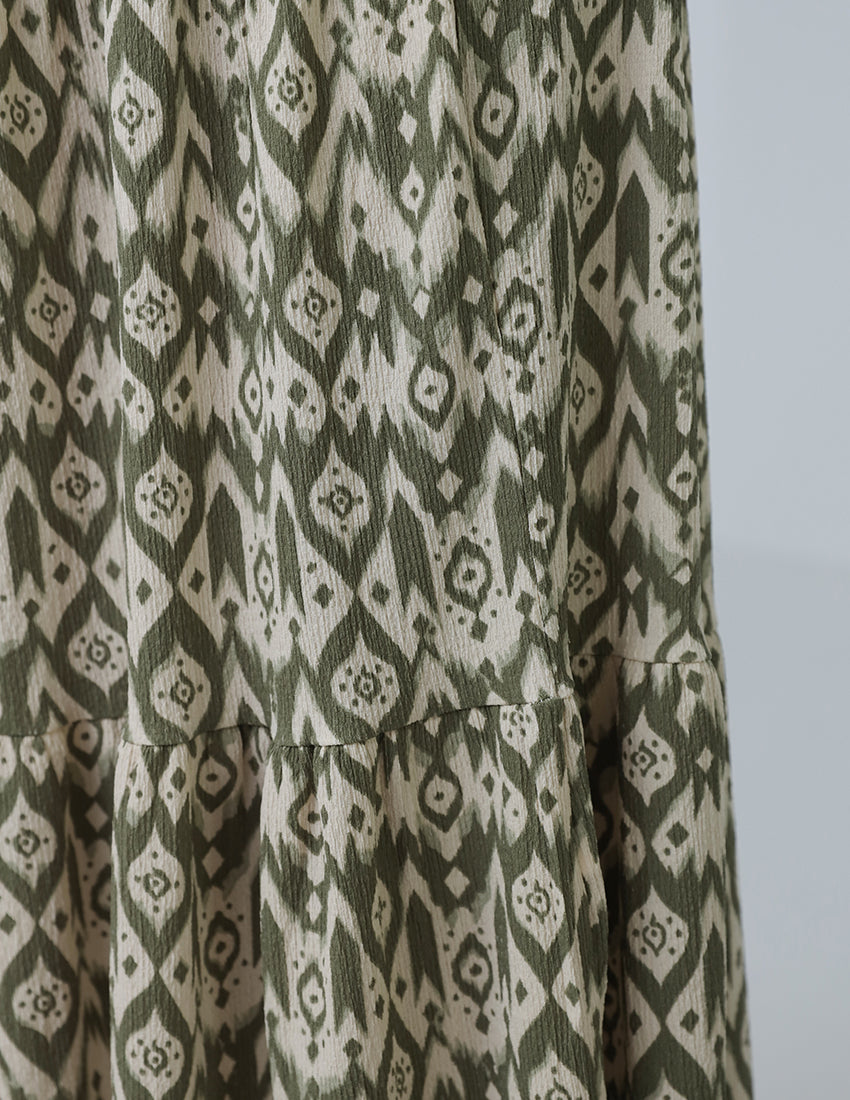 Olive Green Printed Tiered Skirt