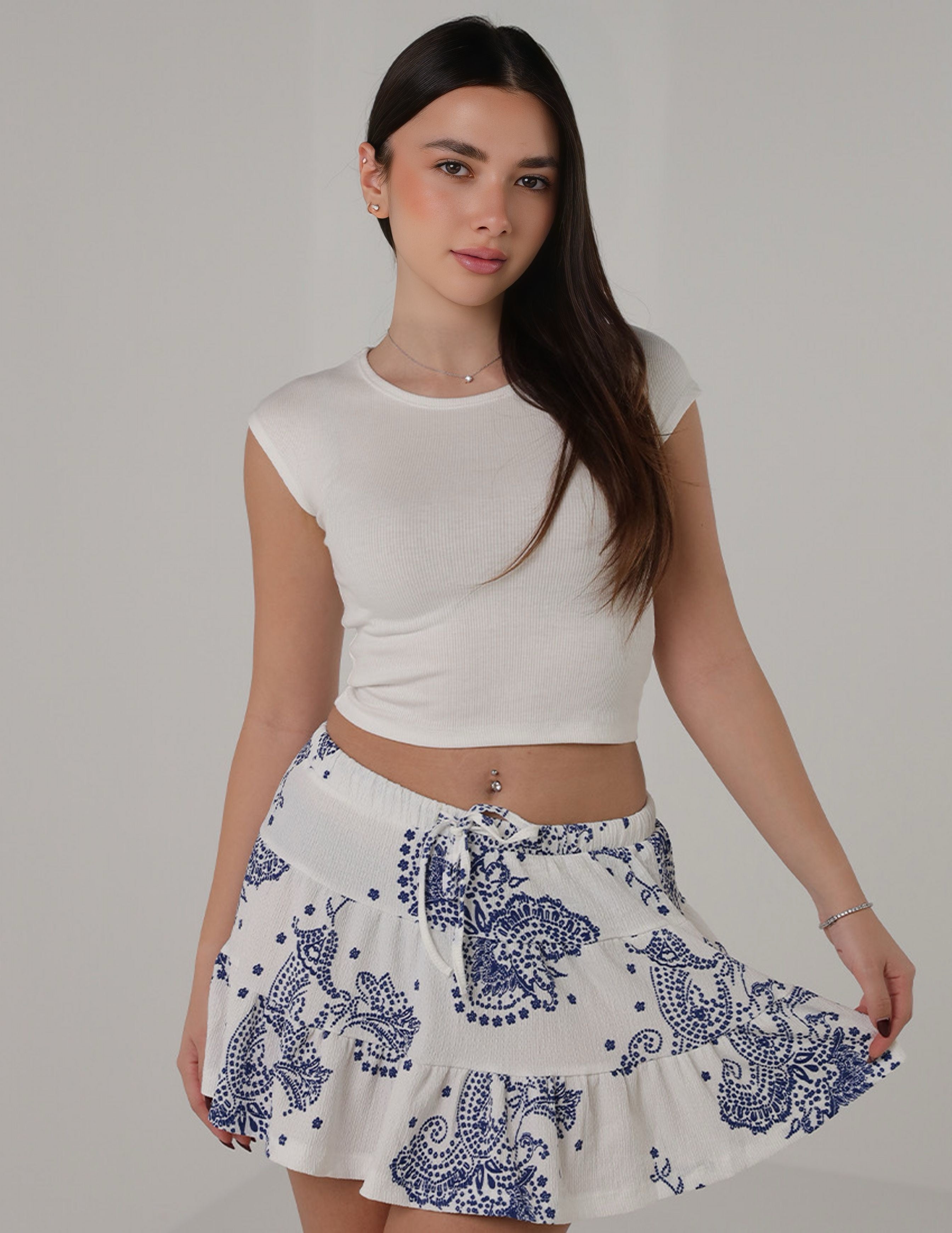 Printed Tiered Mini Skirt - White & Blue