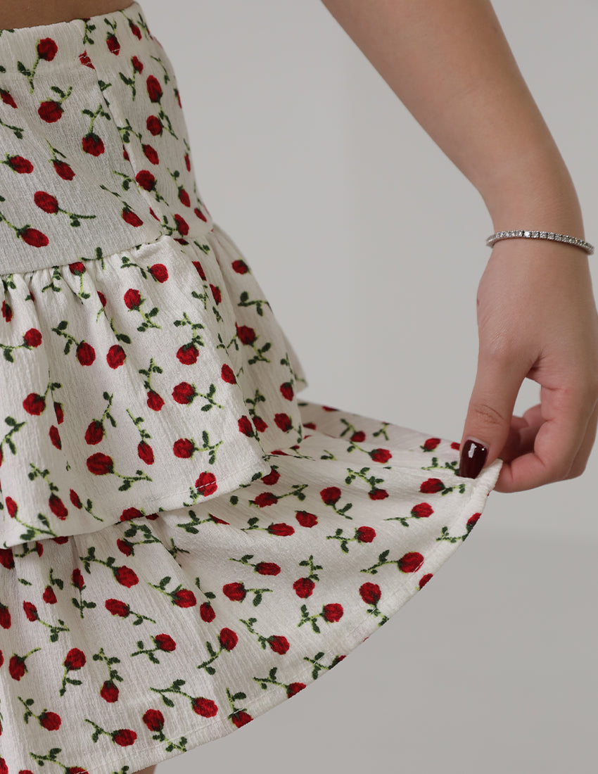 Floral Printed Tiered Mini Skirt - White & Red
